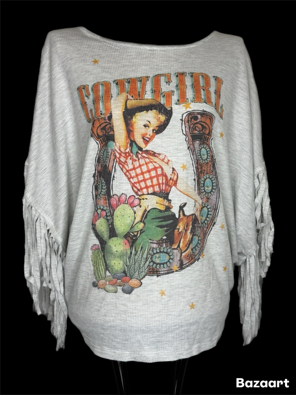 Sexy Cowgirl Western Graphic Fringe Pullover Top size large horseshoe cactus